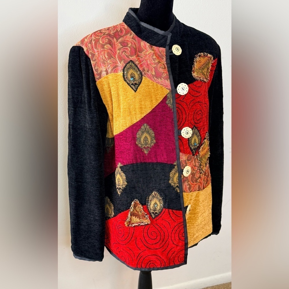 Vintage Black Chenille tapestry patchwork Jacket beaded leaves carved buttons XL - Picture 3 of 11